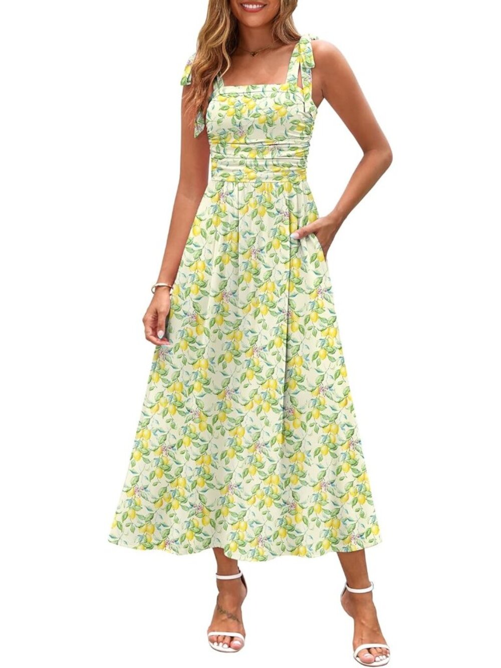 🆕 Women's Lemon Floral Sleeveless Square Neck With Pocket Maxi Dress